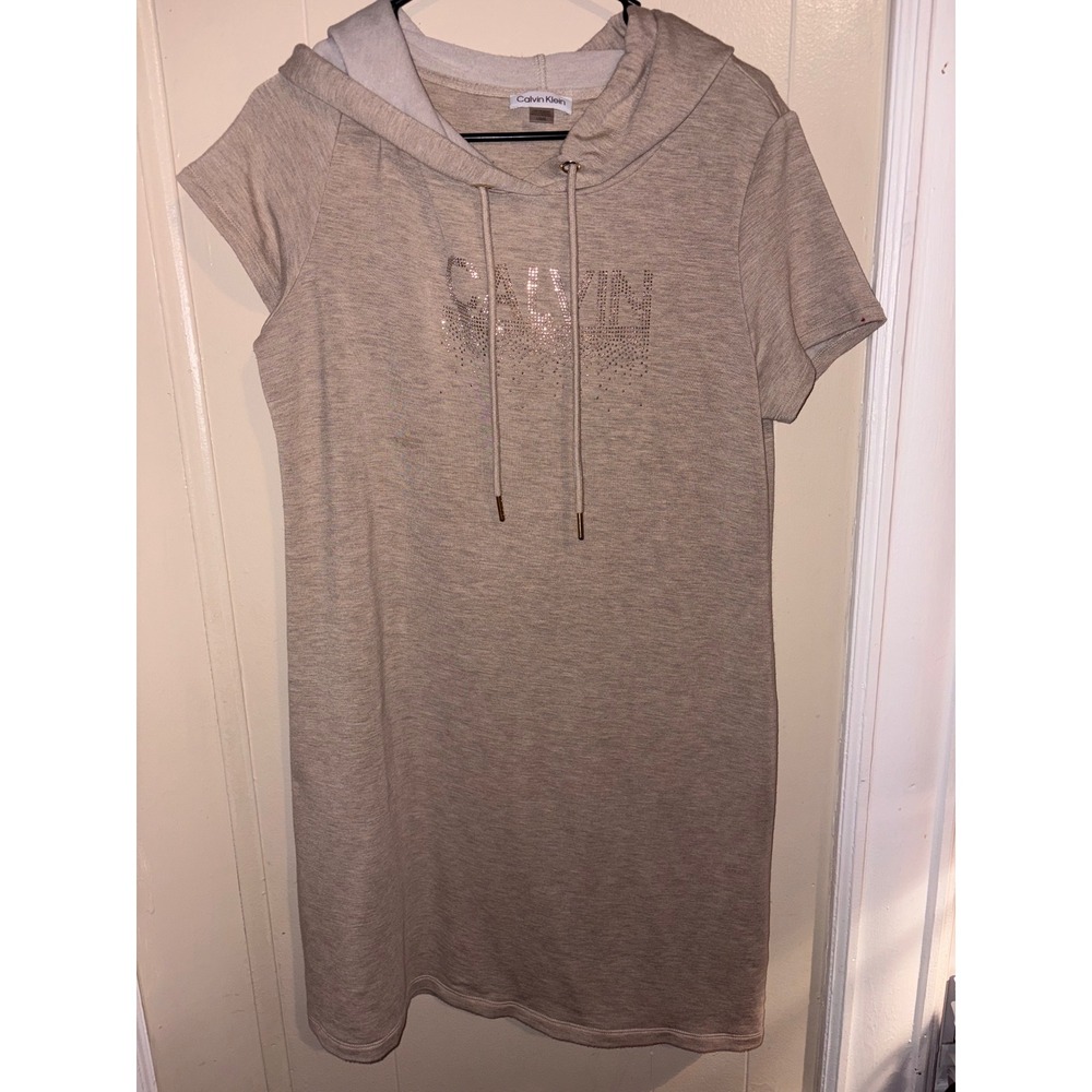 Calvin Klein Womens Rhinestone Logo Hoodie Dress Short Sleeve Tan Heather Large